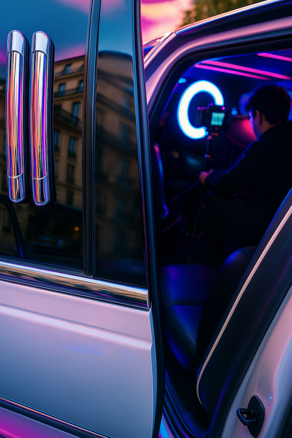 Intérieur limousine – ambiance lounge avec néons