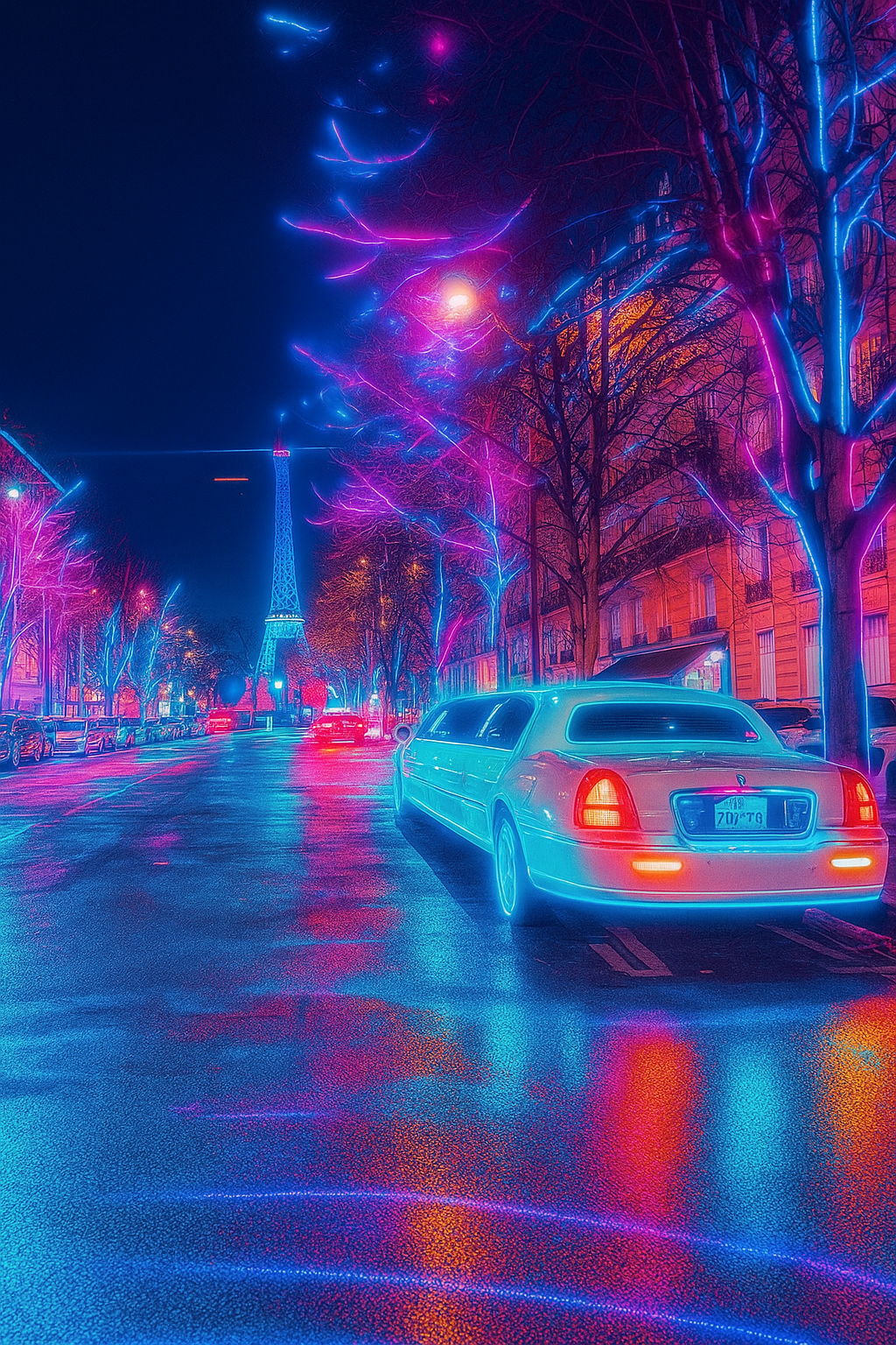 Paris by Night – balade en limousine, ambiance néons violet et bleu